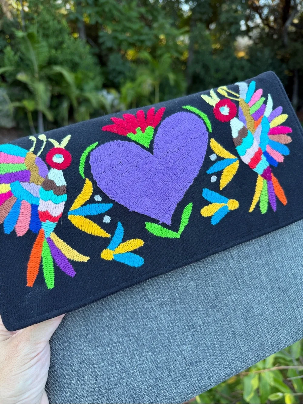 Embroidered Heart & Birds Bag in Black and Gray